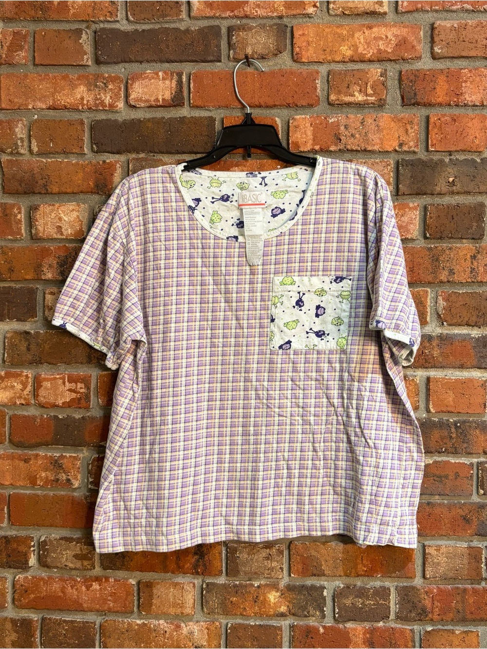 VTG Simply Basic womens plaid contrast frog pocket top purple L
